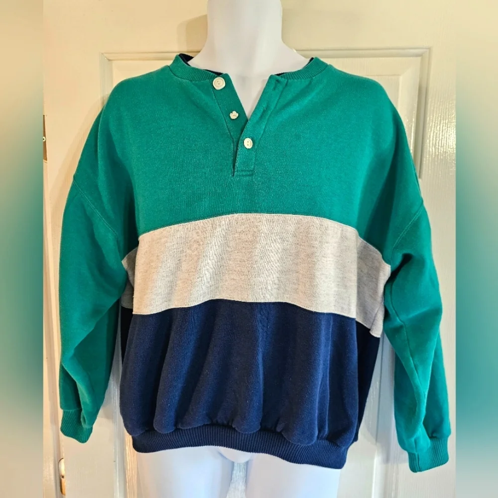 Vintage 80s Fremantle Action Wear Colorblock Henley Sweatshirt Medium Classic - Picture 2 of 7